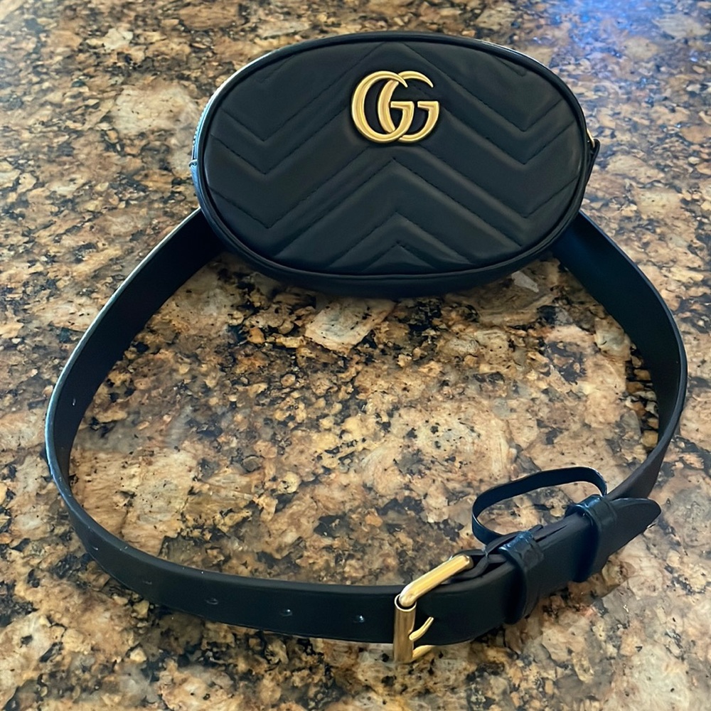 Gucci Black Quilted GG Marmont Mini Belt Bag with Gold Hardware